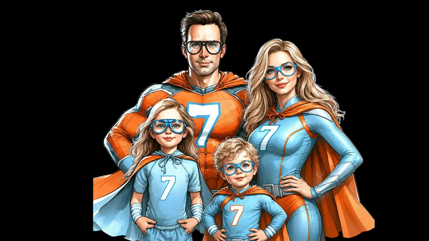 The Ledford family illustrated as a team of superheroes